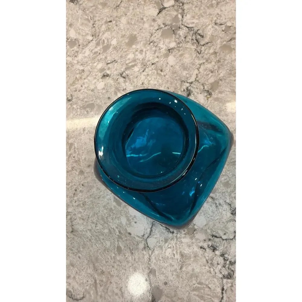 Vintage Unique Hand Crafted Glass Vase Aqua Teal Dimple Pinched 5